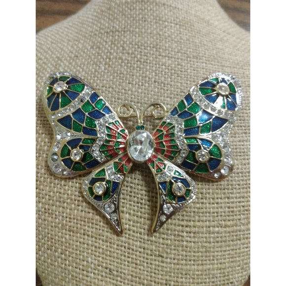 Large Rhinestone Enamel Butterfly Brooch Colorful Bold Runway Gold Tone - Picture 1 of 6